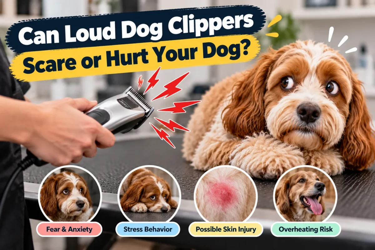 Can Loud Dog Clippers Scare or Hurt Your Dog? An anxious dog reacts to noisy grooming clippers, illustrating fear, stress, skin irritation, and overheating risks.
