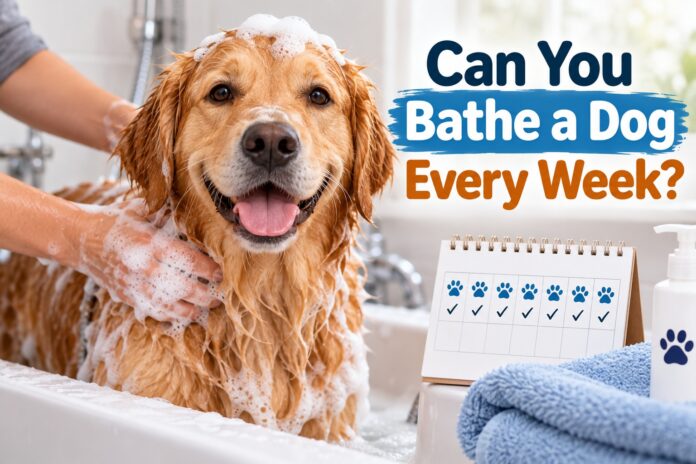 Golden Retriever getting a bath with weekly calendar for dog bathing frequency