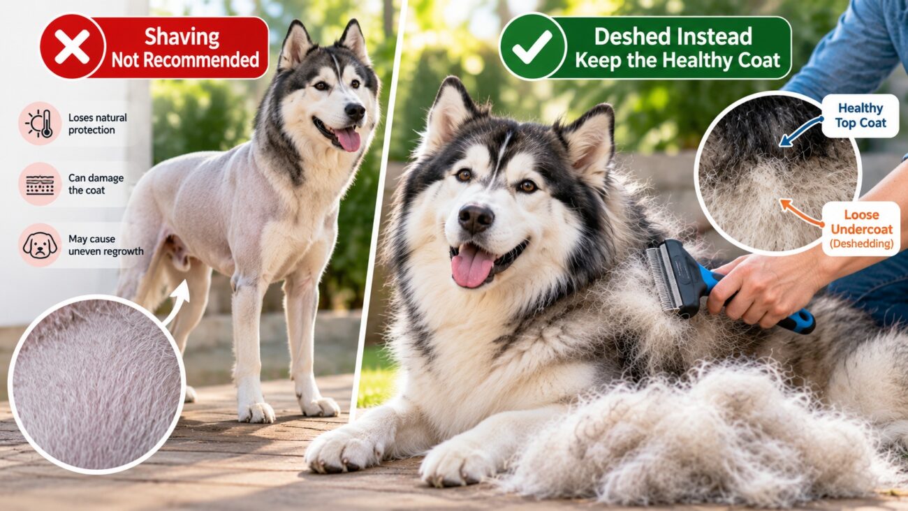Side-by-side comparison of a shaved Siberian Husky and a fluffy double-coated Husky being gently deshedded with a grooming brush to remove loose undercoat.