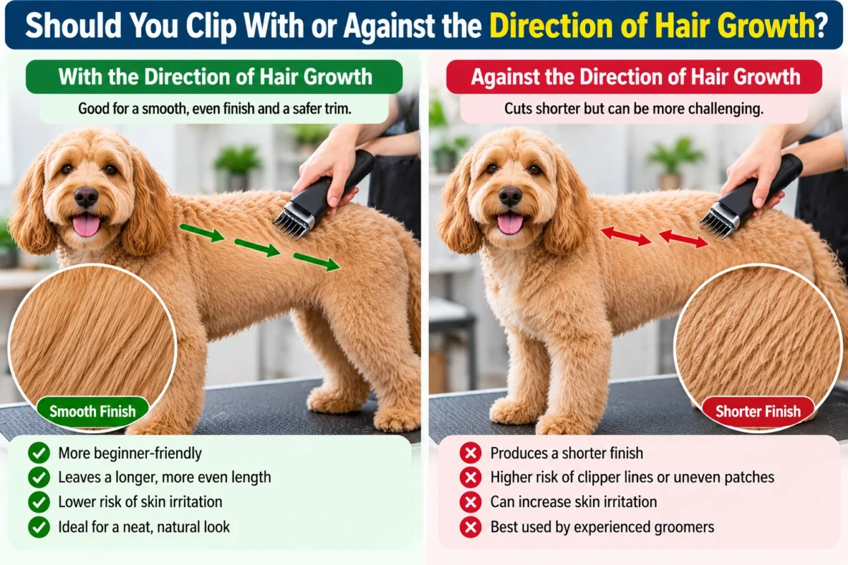 Side-by-side comparison of clipping dog hair with and against the direction of hair growth, showing grooming techniques, clipper direction, and haircut results.