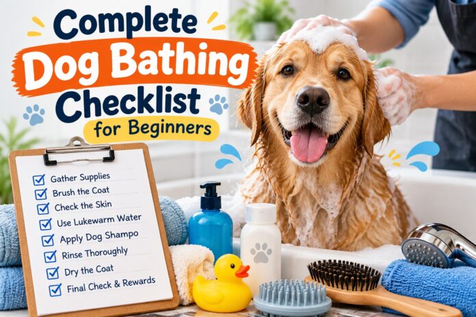 Complete dog bathing checklist for beginners with a Golden Retriever, grooming supplies, shampoo, brush, towels, and bath steps.
