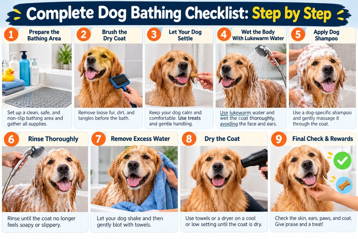 Complete dog bathing checklist step by step showing preparation, brushing, shampooing, rinsing, drying, and final care for a Golden Retriever.