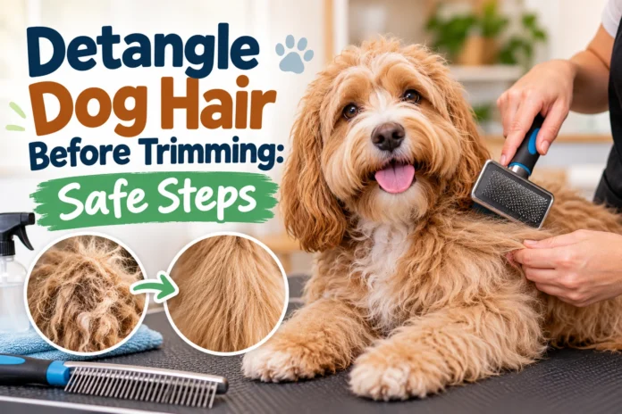 Groomer gently brushing a fluffy dog's tangled coat before trimming, showing safe dog hair detangling steps.