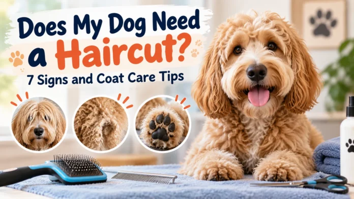 Does my dog need a haircut? A fluffy dog with grooming tools and examples of overgrown hair, matted fur, and paw hair.