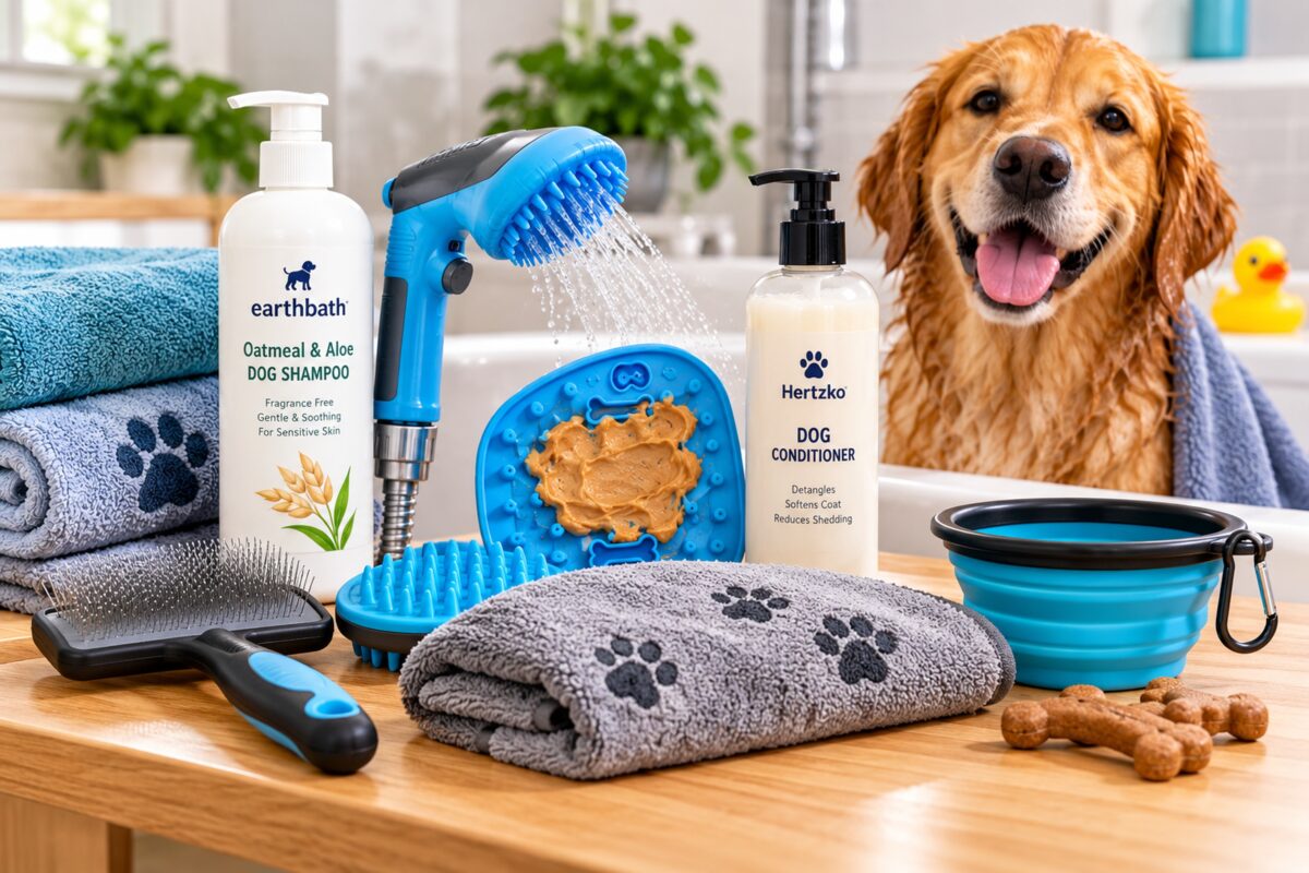 Dog bath products including shampoo, grooming brushes, towels, bathing tools, and treats beside a happy Golden Retriever.