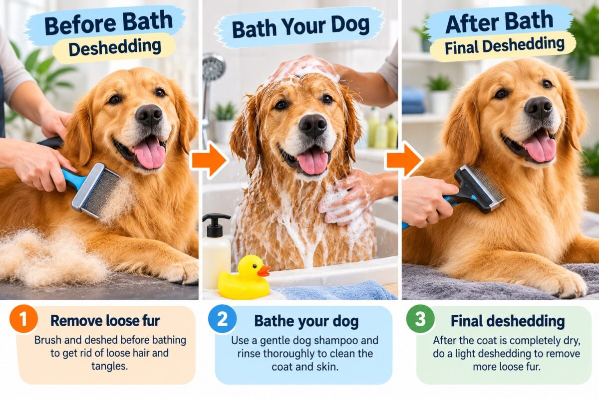 Step-by-step comparison showing a Golden Retriever being brushed before bathing, washed with dog shampoo, and gently deshedded after drying.