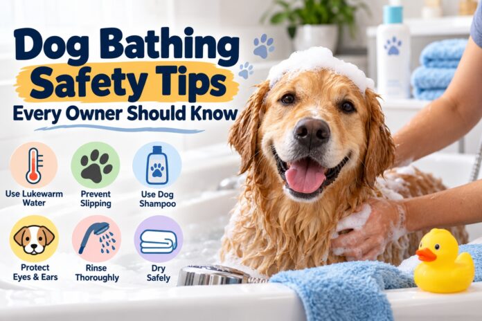 Dog bathing safety tips showing a golden retriever being bathed safely with lukewarm water, dog shampoo, and proper rinsing.
