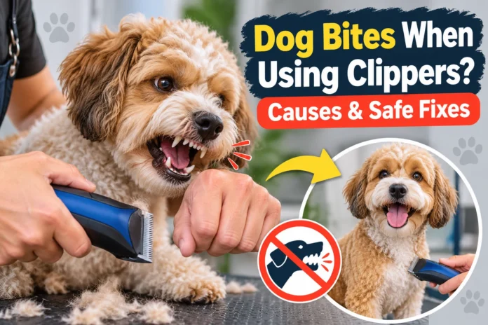 Dog bites when using clippers during grooming, showing an anxious dog snapping and safe grooming solutions.