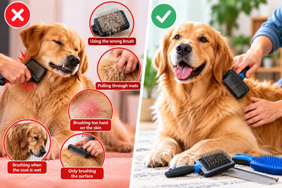 Golden Retriever comparison showing common dog brushing mistakes, including using the wrong brush, pulling through mats, brushing too hard, brushing wet fur, and only brushing the surface.
