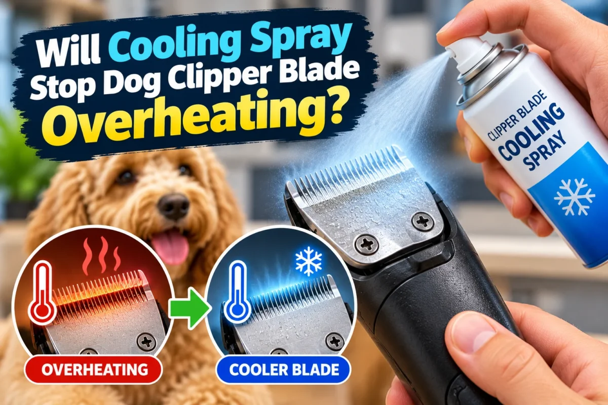 Dog clipper blade cooling spray applied to a hot grooming blade, showing a before-and-after comparison of an overheated blade and a cooler blade.