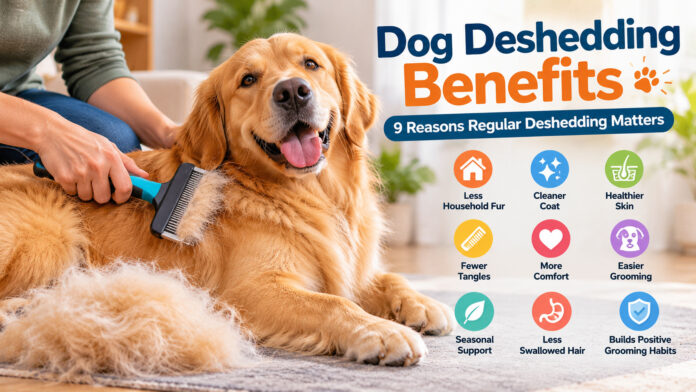 Golden Retriever being gently brushed with a deshedding tool, illustrating nine dog deshedding benefits for healthier coat maintenance and less loose fur.