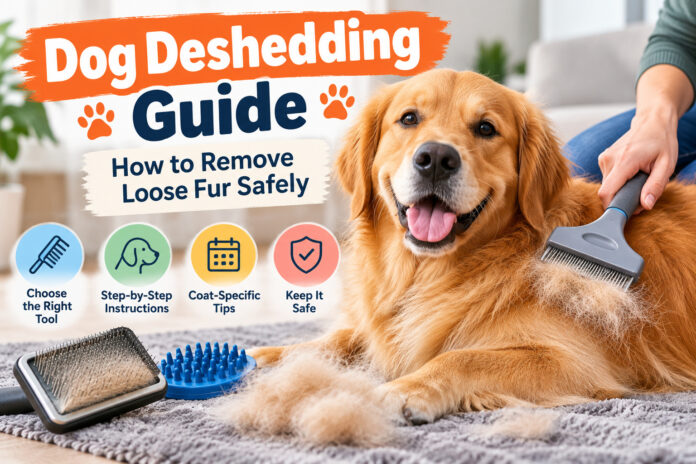 Golden Retriever being gently brushed with a deshedding tool to safely remove loose fur during home grooming.