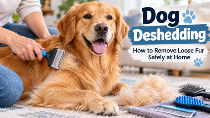 Golden Retriever being gently brushed with a deshedding tool at home to safely remove loose fur.