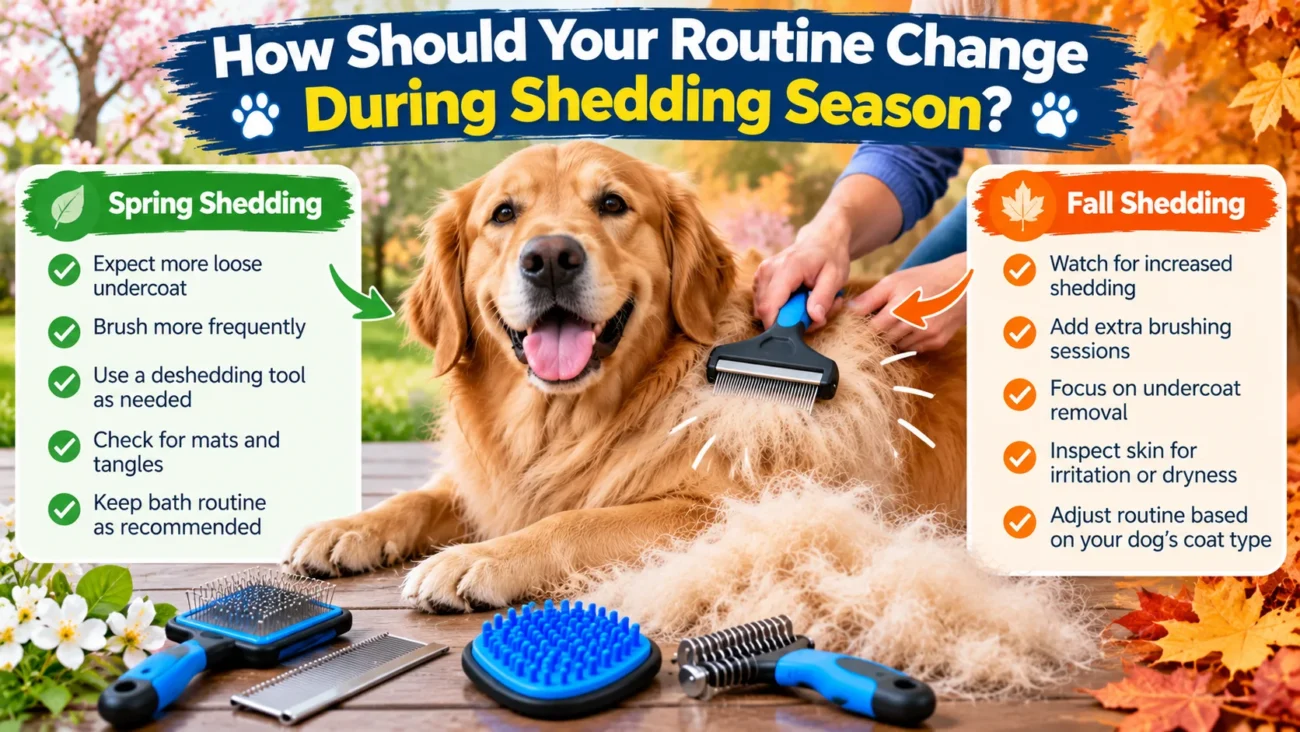 Golden Retriever being brushed during shedding season, with an infographic comparing spring and fall dog deshedding routines, grooming tools, and coat care tips.