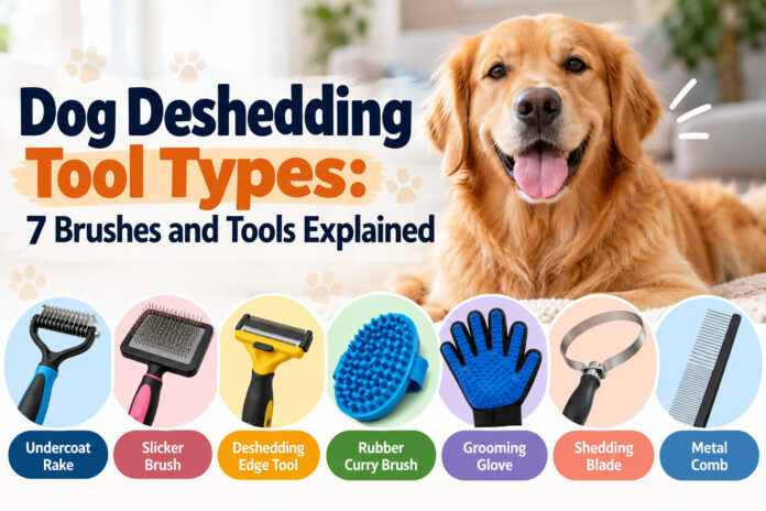 Golden Retriever with seven dog deshedding tool types, including undercoat rake, slicker brush, deshedding edge, rubber curry brush, grooming glove, shedding blade, and metal comb.