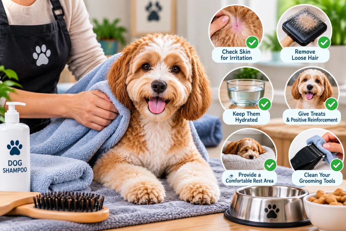 Dog haircut aftercare showing a freshly groomed dog being gently dried with a towel, with tips for checking skin, removing loose hair, and keeping the dog comfortable.