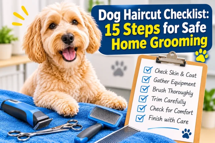 Dog haircut checklist featuring 15 steps for safe home grooming with dog clippers, brushes, scissors, and a happy dog.