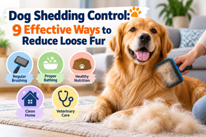 Golden Retriever being brushed to remove loose fur, illustrating nine effective dog shedding control methods, including brushing, bathing, and nutrition.