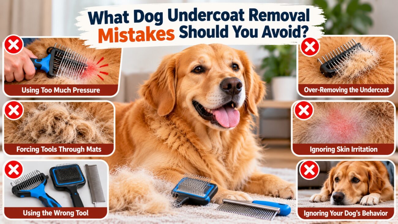 Infographic showing six common dog undercoat removal mistakes, including excessive brushing pressure, over-removing fur, pulling through mats, using the wrong grooming tools, ignoring skin irritation, and overlooking dog discomfort.