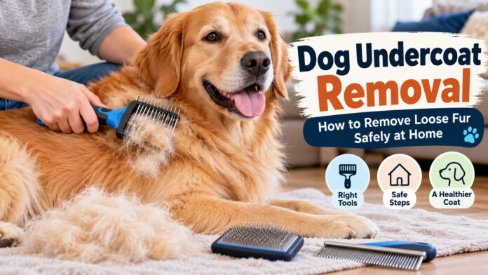 Golden Retriever getting its loose undercoat removed with a grooming rake at home to reduce shedding safely.