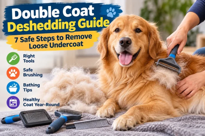 Golden Retriever being gently groomed with an undercoat rake, showing loose fur removal in a double coat deshedding guide.