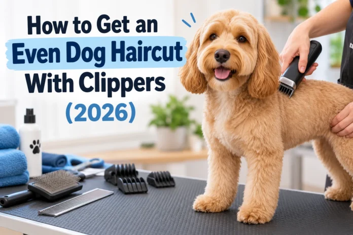 How to get an even dog haircut with clippers in 2026, showing a golden dog being groomed with electric clippers.