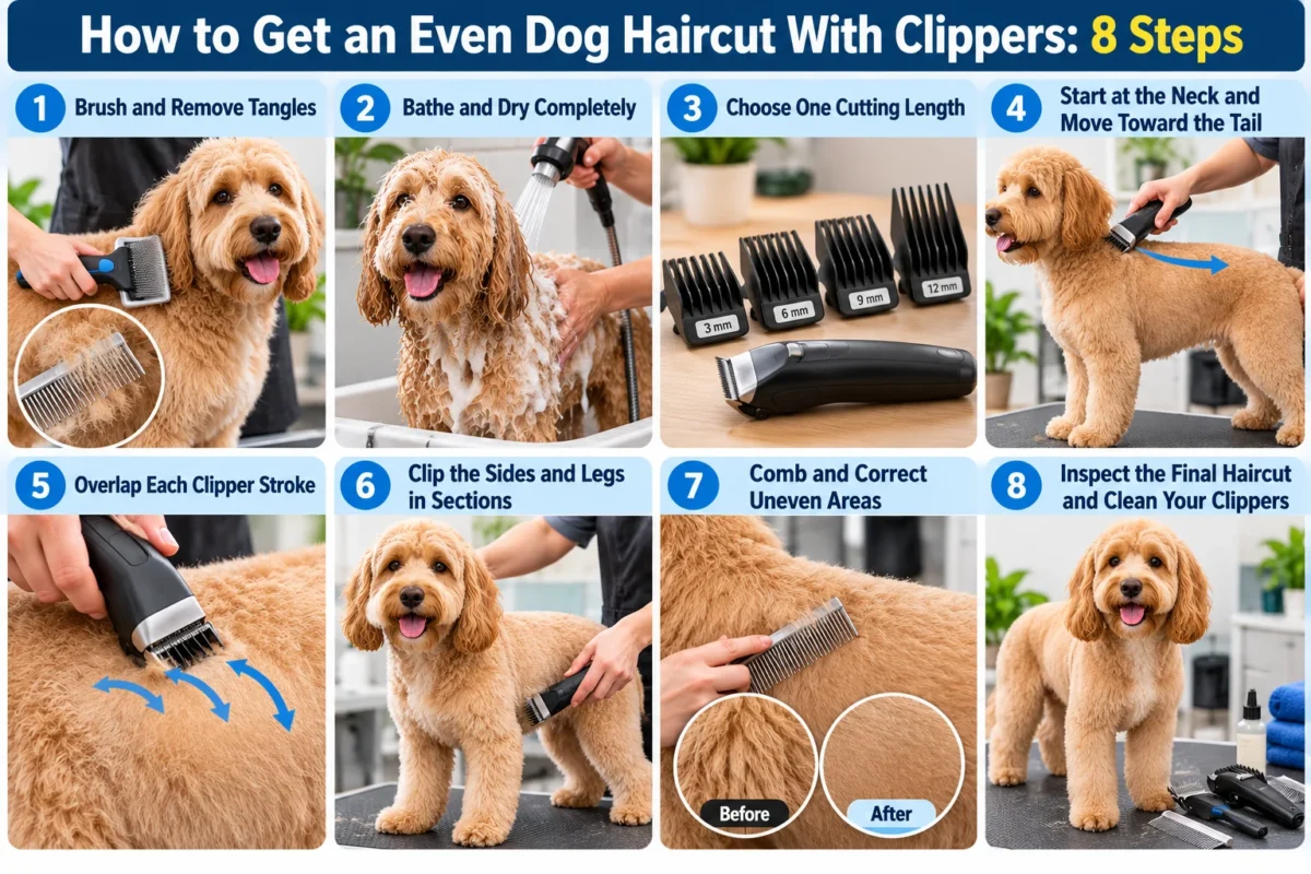 Step-by-step infographic showing how to get an even dog haircut with clippers in 8 steps, including brushing, bathing, choosing clipper guards, trimming, and finishing.