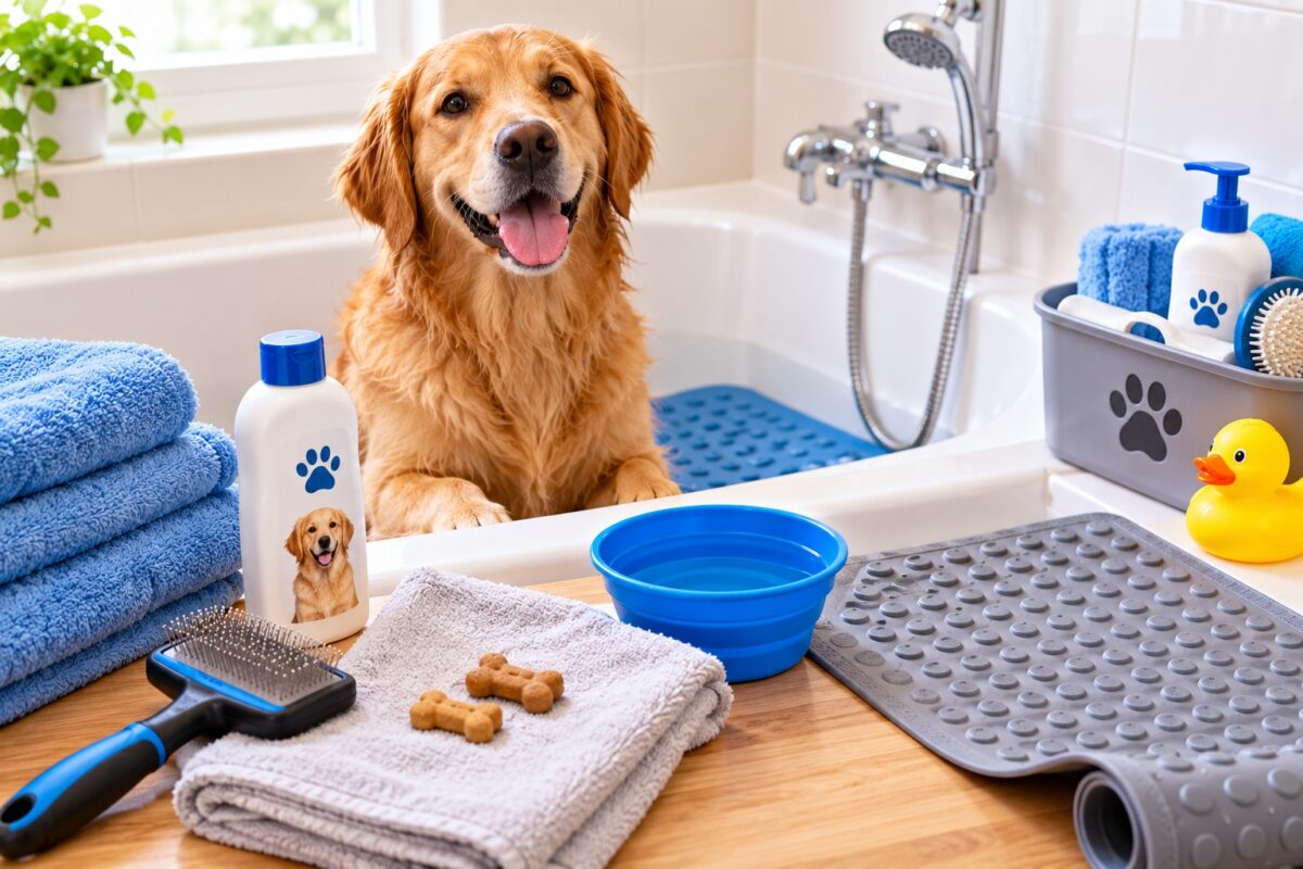 Golden retriever in a bathtub with towels, dog shampoo, brush, non-slip mat, and bathing supplies prepared for a safe dog bath.