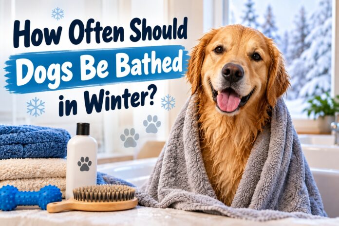 Golden retriever wrapped in a towel after a winter bath with dog grooming supplies and snowy scenery in the background.