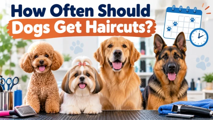 How often should dogs get haircuts? Poodle, Shih Tzu, Golden Retriever, and German Shepherd pictured with grooming tools and a haircut schedule.