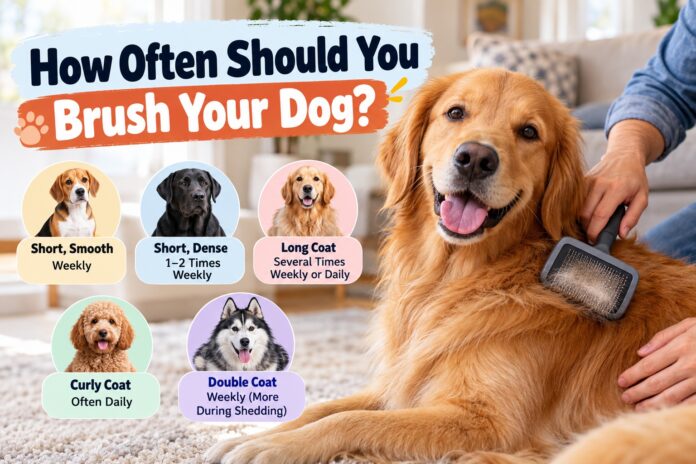 Golden Retriever being brushed at home with a dog coat brushing frequency guide for short, long, curly, and double coats.