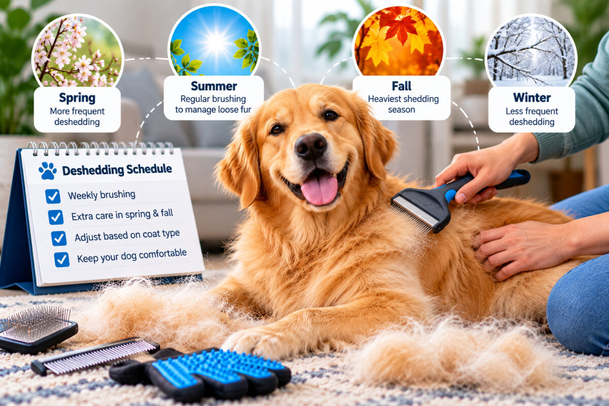 Golden Retriever being gently groomed with a deshedding brush, showing a seasonal dog deshedding schedule and brushing frequency tips for spring, summer, fall, and winter.