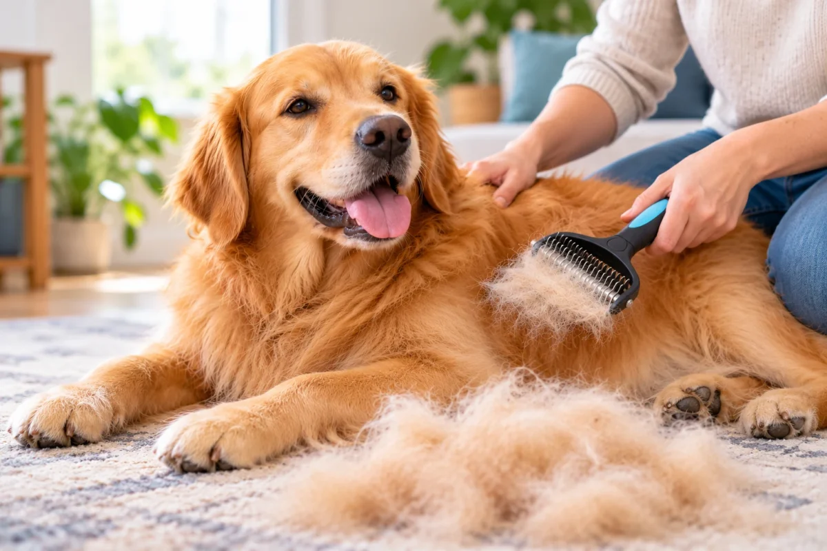 Golden Retriever being gently groomed with a deshedding brush at home during shedding season, with loose undercoat fur collected on the rug.