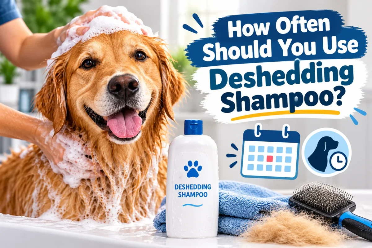Golden Retriever being bathed with deshedding shampoo, featuring a calendar and grooming brush to illustrate how often dogs should use deshedding shampoo safely.