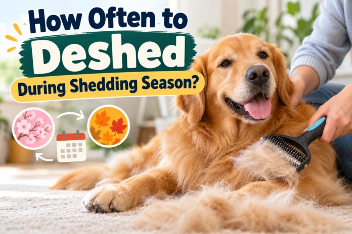 Golden Retriever being groomed with a deshedding brush during shedding season, with loose fur and spring and fall grooming icons.