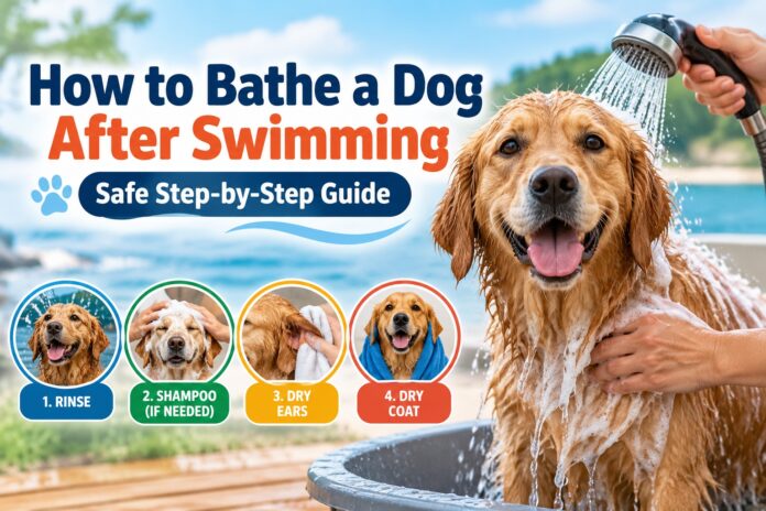 Golden Retriever being rinsed after swimming with steps for rinsing, shampooing, drying ears, and drying the coat.