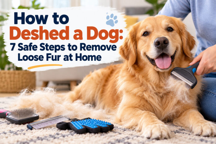Golden Retriever being gently groomed with a deshedding brush at home to remove loose fur safely.