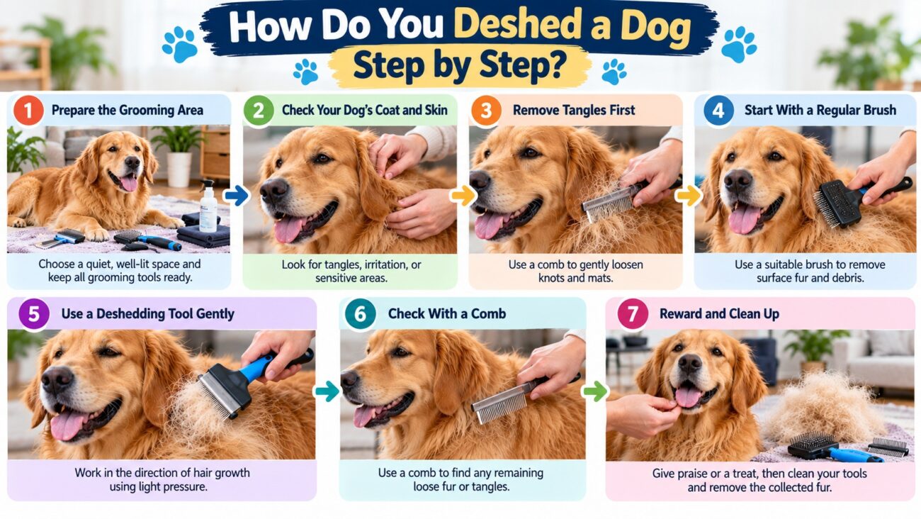 Step-by-step dog deshedding guide showing seven grooming steps, from preparing the grooming area and removing tangles to brushing a Golden Retriever, removing loose fur, and rewarding the dog.