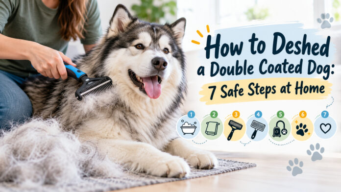 Person gently deshedding a double-coated Husky with an undercoat rake at home, showing loose fur and seven safe dog grooming steps