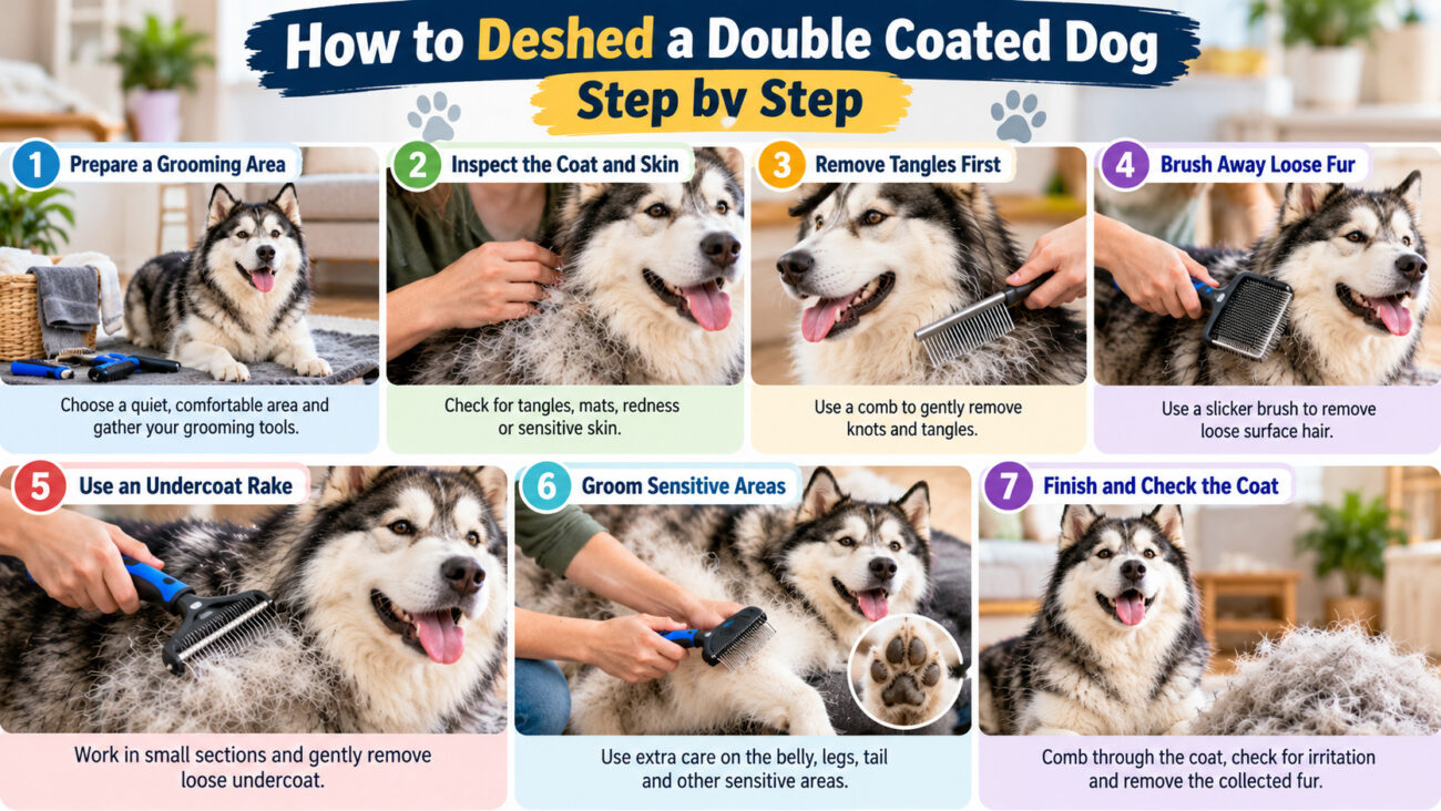 Step-by-step infographic showing seven safe ways to deshed a double-coated Husky at home, including coat inspection, removing tangles, slicker brushing, using an undercoat rake, and checking the coat.