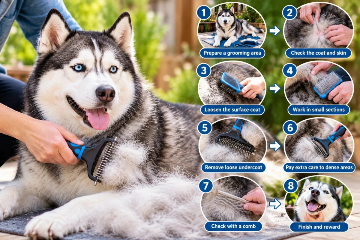Step-by-step infographic showing eight safe Husky deshedding techniques, including brushing, removing loose undercoat, checking with a comb, and rewarding the dog.