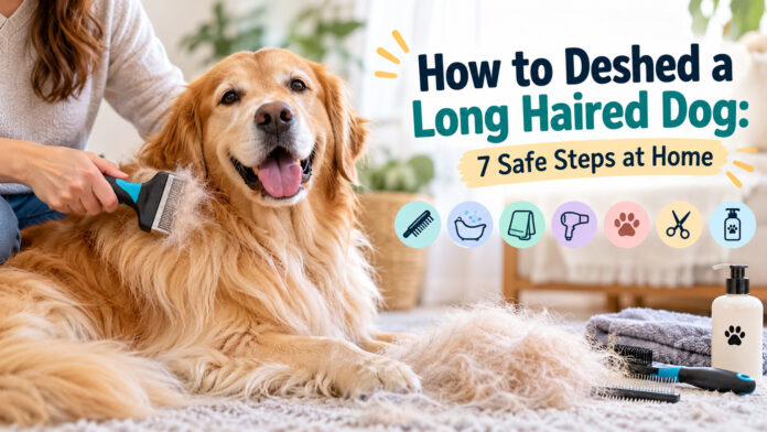 Golden Retriever being gently brushed with a deshedding tool at home, illustrating seven safe steps for deshedding a long-haired dog.