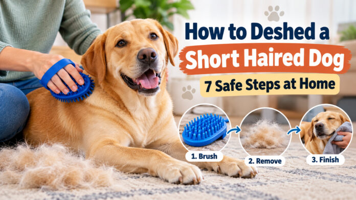 Person gently deshedding a short-haired Golden Labrador using a rubber grooming brush at home, showing safe dog deshedding steps.