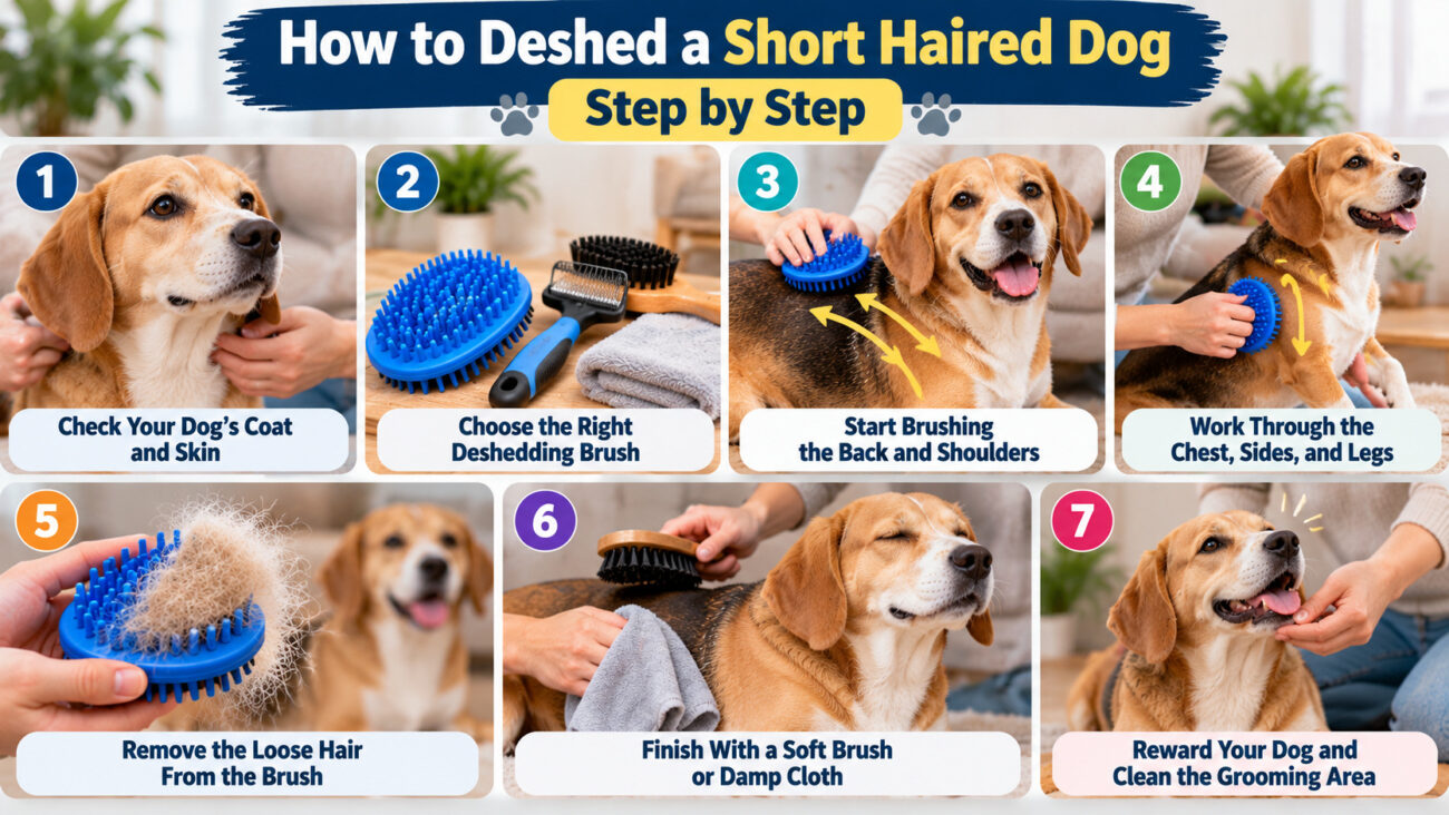 Step-by-step infographic showing seven safe ways to deshed a short-haired dog at home, including checking the skin, brushing loose fur, cleaning the coat, and rewarding the dog.