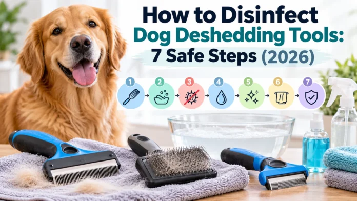 Golden Retriever beside dog deshedding brushes, disinfectant, and cleaning supplies showing 7 safe steps to disinfect dog deshedding tools.