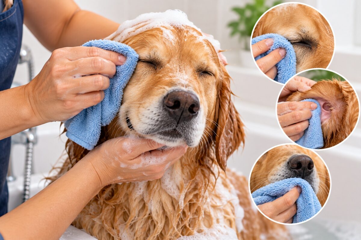 Golden retriever having its eyes, ears, and face gently cleaned with a soft cloth during a safe bath.