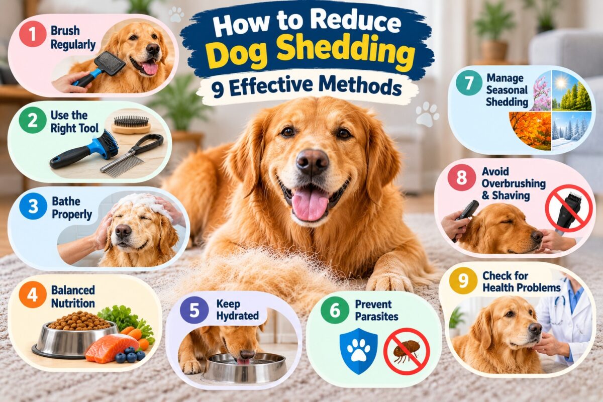 Golden Retriever surrounded by nine effective dog shedding control methods, including regular brushing, proper bathing, balanced nutrition, hydration, parasite prevention, and healthy coat care.