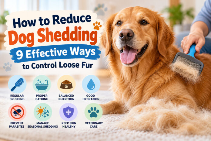 Golden Retriever being brushed to remove loose fur, illustrating nine effective ways to reduce dog shedding at home.