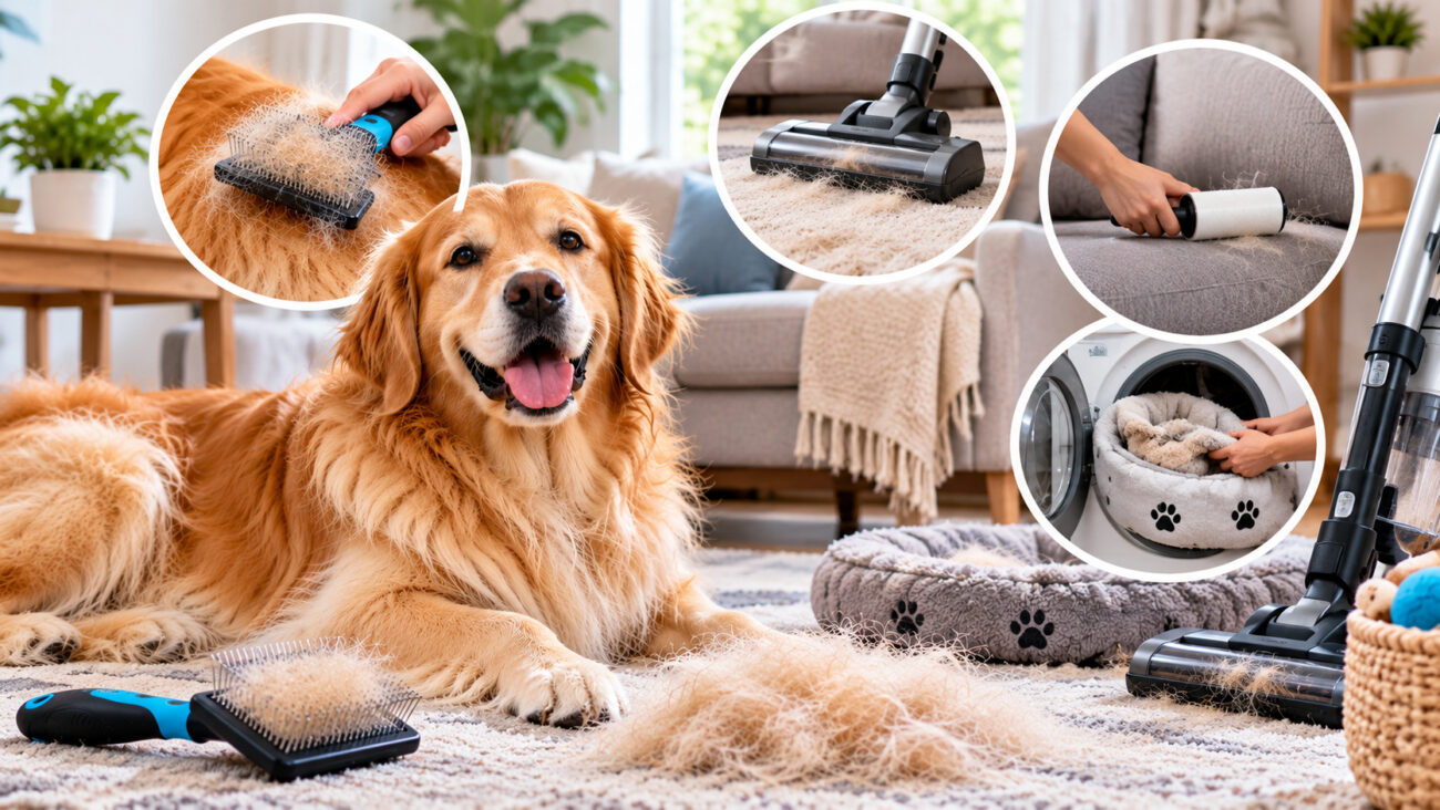Golden Retriever relaxing at home with loose dog hair on the carpet, showing brushing, vacuuming, lint rolling, and washing pet bedding to reduce shedding around the house.