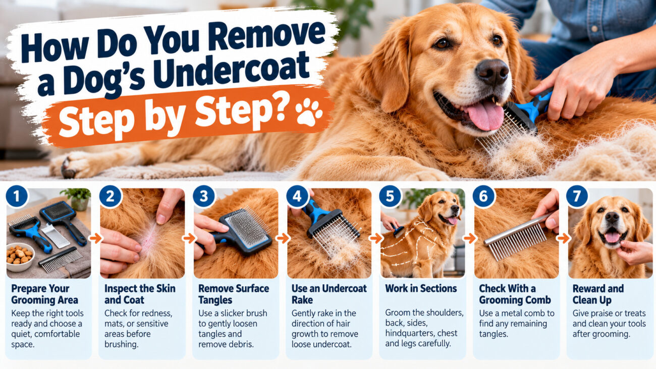 Step-by-step guide showing how to safely remove a Golden Retriever's loose undercoat at home using a slicker brush, undercoat rake, and grooming comb.